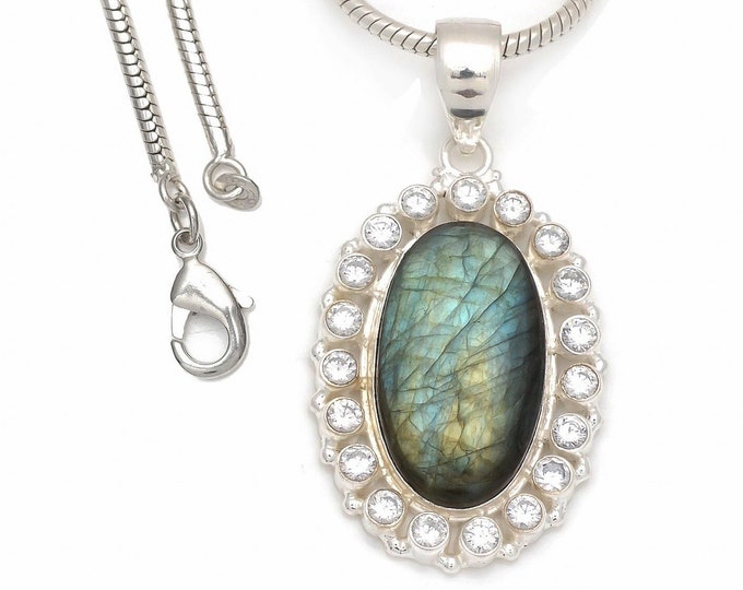 Glowing Blue and Green Labradorite 925 Sterling Silver Pendant & 3MM Italian 925 Sterling Silver Chain P8484