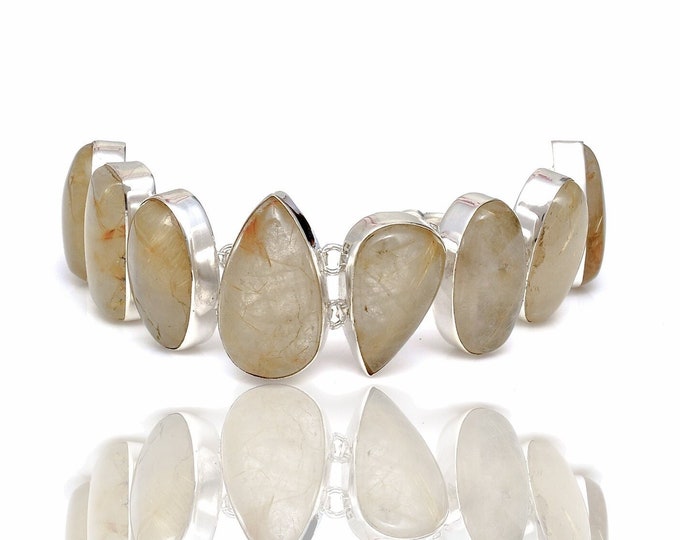 Rutilated Quartz Genuine Gemstone 925 Sterling Silver Bracelet B4441