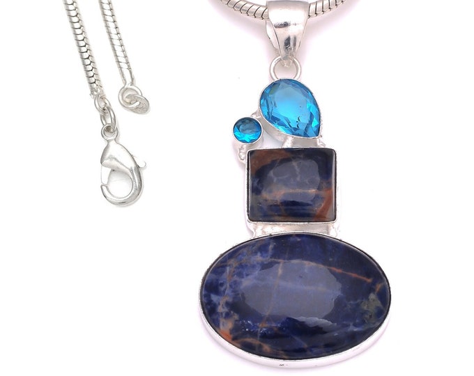 3 Inch Sodalite Blue Topaz  925 Sterling Silver Pendant & 3MM Italian 925 Sterling Silver Chain P8263