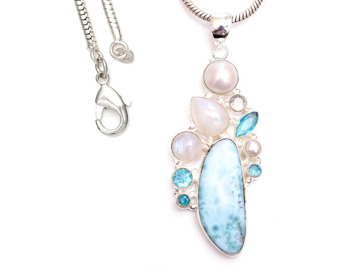 This is what you have been looking for! Classic Larimar Rainbow Moonstone Blue Topaz Clear Topaz Pendant & 3MM Italian Chain P9449
