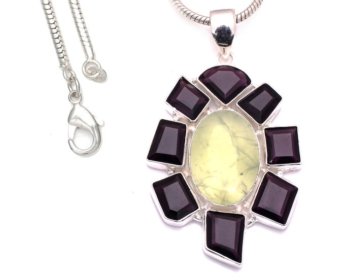 3 Inch Prehnite 925 Sterling Silver Pendant & 3MM Italian 925 Sterling Silver Chain P8177