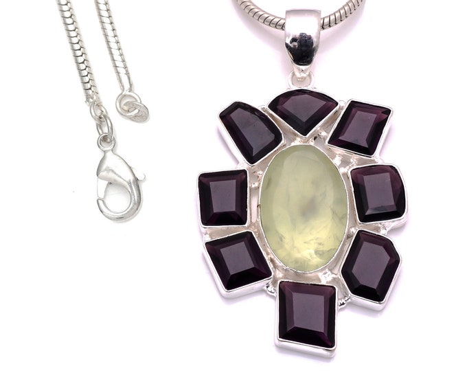 3 Inch Prehnite 925 Sterling Silver Pendant & 3MM Italian 925 Sterling Silver Chain P8180