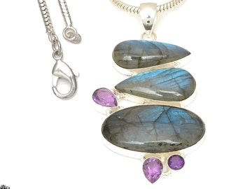 3.3 inch Labradorite Amethyst 925 Sterling Silver Pendant & 2MM Italian 925 Sterling Silver Chain P7726