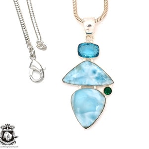Pingente de prata esterlina 925 com topázio azul e turmalina cromada Larimar e corrente de prata esterlina 925 italiana de 2 mm P7160
