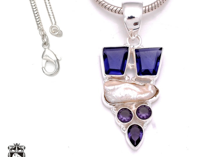 Iolite Pearl Amethyst 925 Sterling Silver Pendant & 3MM Italian 925 Sterling Silver Chain P8038