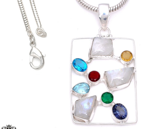 Moonstone Blue Topaz Citrine 925 Sterling Silver Pendant & 3MM Italian 925 Sterling Silver Chain Necklace P7918