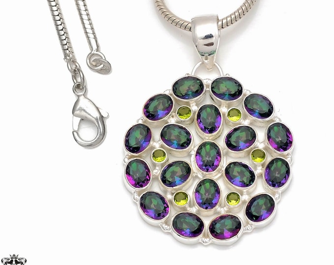 Genuine Mystic Topaz Floral Design 925 Sterling Silver Pendant & 3MM Italian 925 Sterling Silver Chain P8472