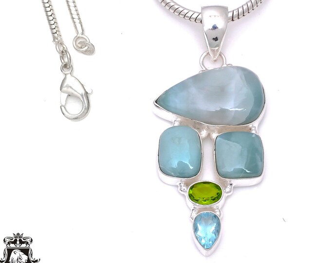 Larimar Peridot 925 Sterling Silver Pendant & 3MM Italian 925 Sterling Silver Chain P7892