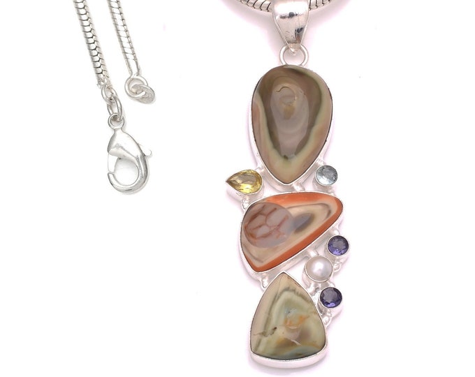 3.2 Inches Imperial Jasper Smoky Topaz Pearl  925 Sterling Silver Pendant & 3MM Italian 925 Sterling Silver Chain P8294