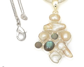 Moonstone Labradorite Pearl 925 Sterling Silver Pendant & 2MM Italian 925 Sterling Silver Chain P7711