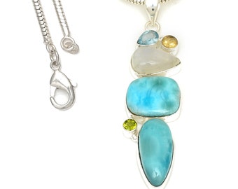 3.5 Inch Larimar Moonstone 925 Sterling Silver Pendant & 2MM Italian 925 Sterling Silver Chain P7772