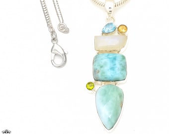 Larimar Moonstone 925 Sterling Silver Pendant & 2MM Italian 925 Sterling Silver Chain P7690