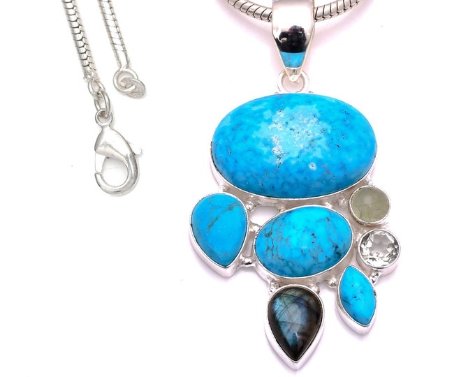 3 Inch Turquoise Silver Pendant & FREE 3MM Italian 925 Sterling Silver Chain P8195