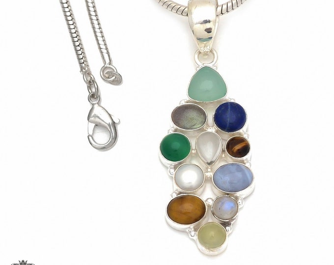 Chalcedony Citrine Lapis Labradorite Tigers Eye Blue Lace Agate Emerald Pearl 925 Sterling Silver Pendant & 3MM Italian Chain P8558