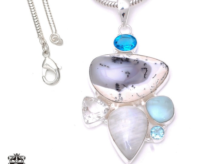 3 Inch Merlinite Dendritic Opal Larimar 925 Sterling Silver Pendant & 3MM Italian 925 Sterling Sterling Silver Chain P7907