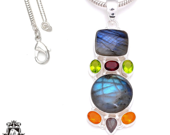 3 Inch Carnelian Labradorite 925 Sterling Silver Pendant & 3MM Italian 925 Sterling Silver Chain P7950