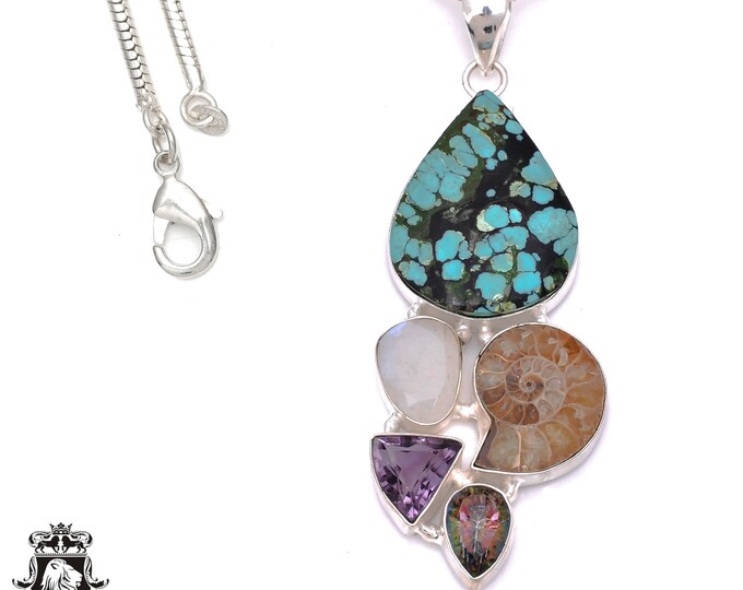 3.5 Inch Castle Dome Turquoise Amethyst 925 Sterling Silver Pendant & 3MM Italian Chain P7857