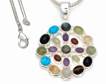 Turquoise Labradorite Tiger Eye Prehnite Moonstone Labradorite 925 Sterling Silver Pendant & 3MM Italian 925 Sterling Silver Chain P8556