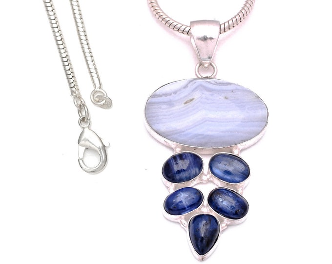 3 Inch Blue Lace Agate Kyanite 925 Sterling Silver Pendant & 3MM Italian 925 Sterling Silver Chain P8076