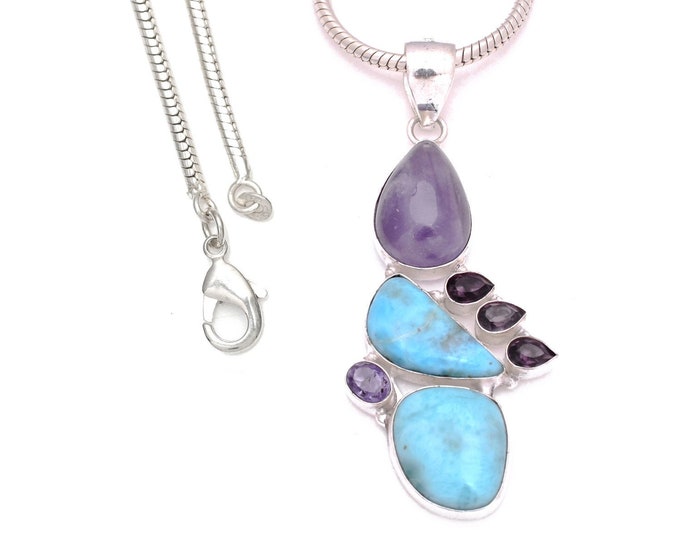 Unique! Ametrine Amethyst Larimar 925 Sterling Silver Pendant & 3MM Italian 925 Sterling Silver Chain P8086