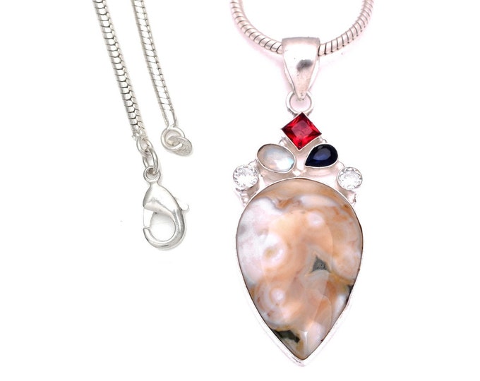 Ocean Jasper Clear Topaz Iolite Pearl 925 Sterling Silver Pendant & 3MM Italian 925 Sterling Silver Chain P8065