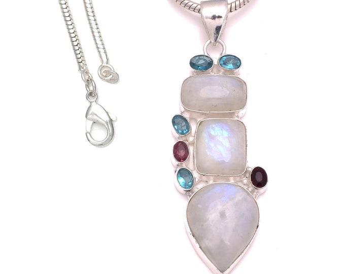 3.4 Inch Moonstone Tourmaline  925 Sterling Silver Pendant & 3MM Italian 925 Sterling Silver Chain P8240