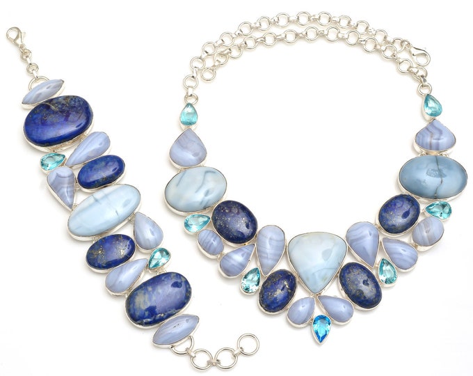 Rich Mix of Gemstones! Owyhee Blue Opal Lapis Lazuli Blue Lace Agate Necklace Bracelet SET1000
