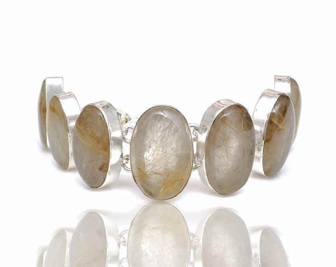 Rutile Rutilated Quartz Genuine Gemstone 925 Sterling Silver Bracelet B4437