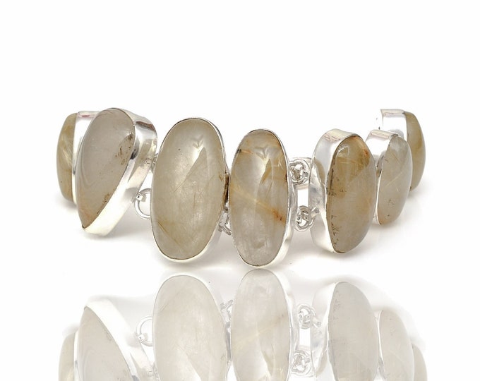 Rutile Rutilated Quartz Genuine Gemstone 925 Sterling Silver Bracelet B4456