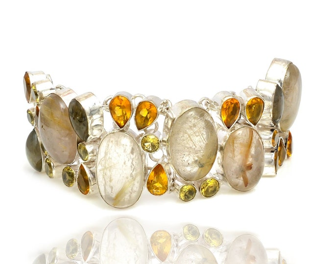 Rutile Quartz Citrine 925 Sterling Silver Bracelet B3956