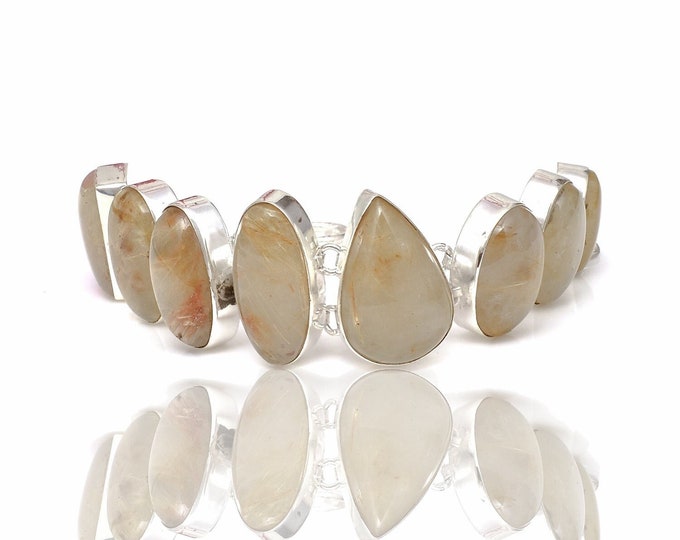 Rutile Rutilated Quartz Genuine Gemstone 925 Sterling Silver Bracelet B4444