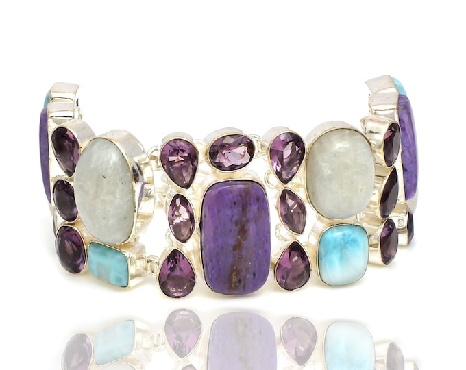 Charoite Amethyst Moonstone Larimar 925 Sterling Silver Bracelet B3916