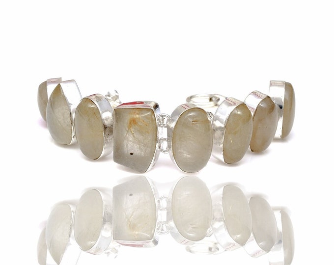 Rutile Rutilated Quartz Genuine Gemstone 925 Sterling Silver Bracelet B4439