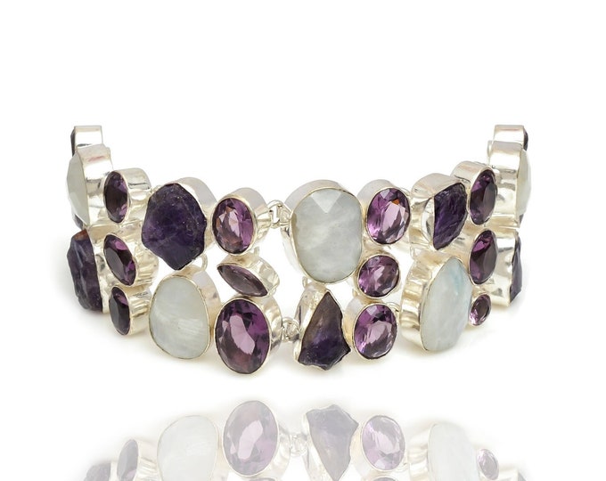 Moonstone Amethyst 925 Sterling Silver Bracelet B3961