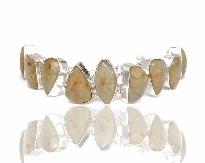 Rutile Quartz Genuine Gemstone 925 Sterling Silver Bracelet B4425