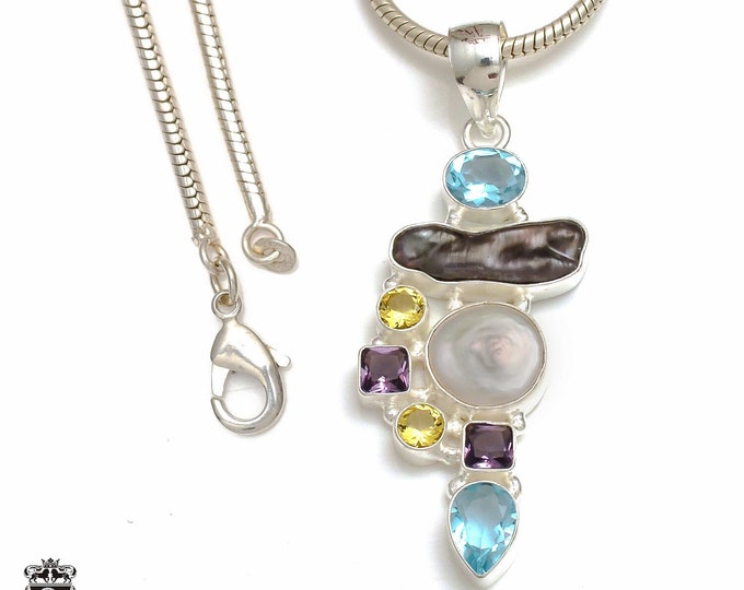 3 Inch Pearl Topaz 925 Sterling Silver Pendant & 3MM Italian 925 Sterling Silver Chain P8849