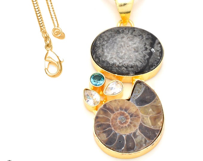 Stingray Coral Ammonite 24K Gold Pendant & 3mm Snake Chain GP235