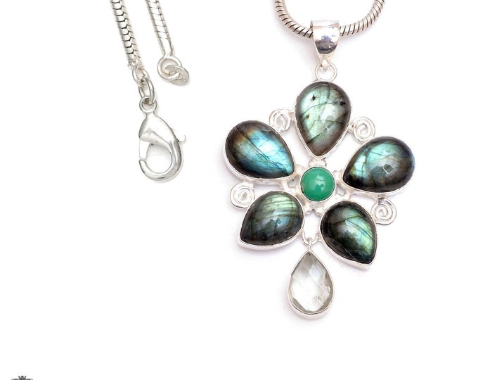 Classic! Labradorite Green Amethyst Turquoise 925 Sterling Silver Pendant & Chain P9406
