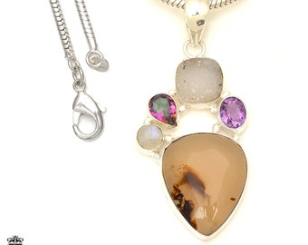 Scenic Agate 925 Sterling Silver Pendant & 2MM Italian 925 Sterling Silver Chain P7696