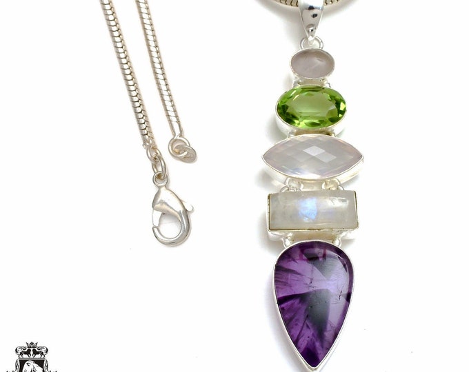 4 Inch Moonstone Auralite 23 Charka 925 Sterling Silver Pendant & 3MM Italian 925 Sterling Silver Chain P8783