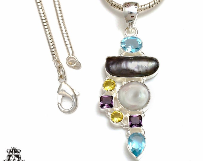 3 Inch Pearl Topaz 925 Sterling Silver Pendant & 3MM Italian 925 Sterling  Silver Chain P8857