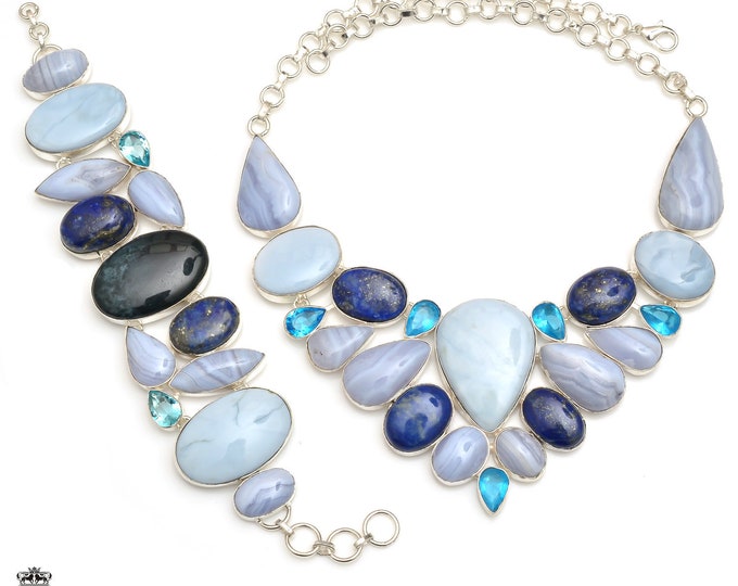 Evening Wear! Owyhee Opal Blue Lace Agate Lapis Fine Sterling Silver Necklace Bracelet Earrings SET998