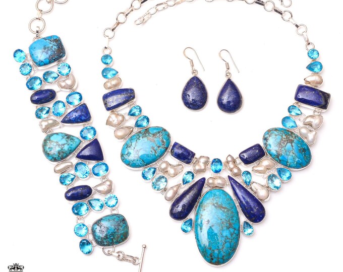 Dry Creek Turquoise Lapis Pearl Fine 925 Sterling Silver Earrings Bracelet Necklace Set SET1161