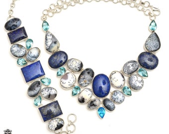 Grab This One! Dendritic Opal Lapis Lazuli Fine Sterling Silver Necklace Bracelet Earrings SET1025