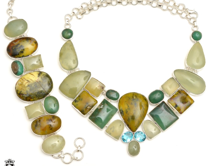 Juicy! Turquoise Prehnite Chrysoprase Fine Sterling Silver Necklace Bracelet Earrings SET1023