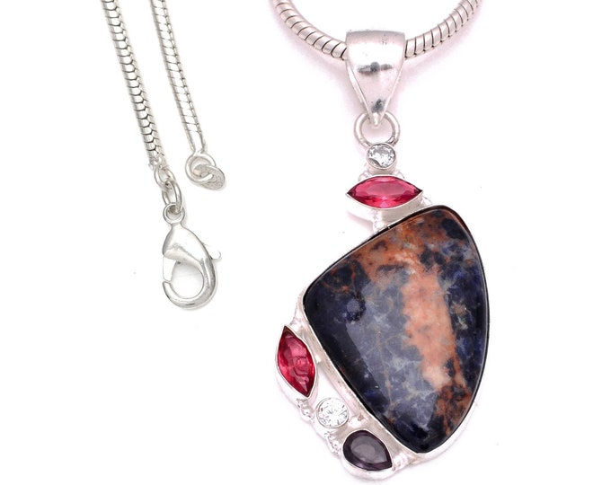 3 Inch Sodalite Garnet Moonstone Smokey Topaz 925 Sterling Silver Pendant & 3MM Italian 925 Sterling Silver Chain P8074