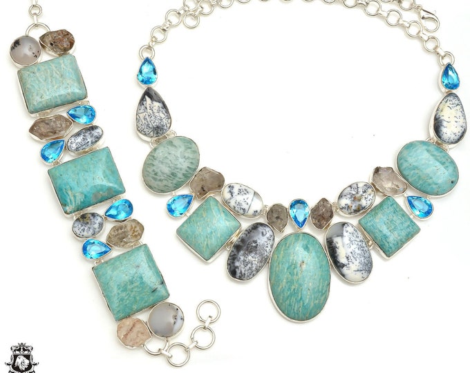 Neutral Color! Amazonite Herkimer Diamond Dendritic Opal Fine Sterling Silver Necklace Bracelet Earrings SET986