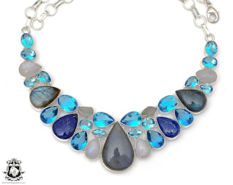 Labradorite Lapis Blue Topaz Moonstone Healing Crystal Necklace • Birthstone Necklace NK39