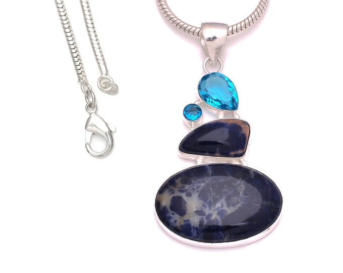 3 Inch Blue topaz Sodalite  925 Sterling Silver Pendant & 3MM Italian 925 Sterling Silver Chain P8286