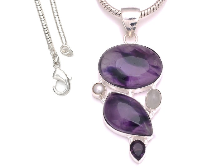 3.2 Inches Trapiche Amethyst moonstone  925 Sterling Silver Pendant & 3MM Italian 925 Sterling Silver Chain P8256